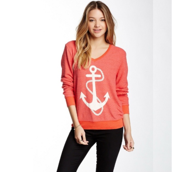 Wildfox Tops - WILDFOX Cozy Coral Red Anchor Nautical Sweatshirt